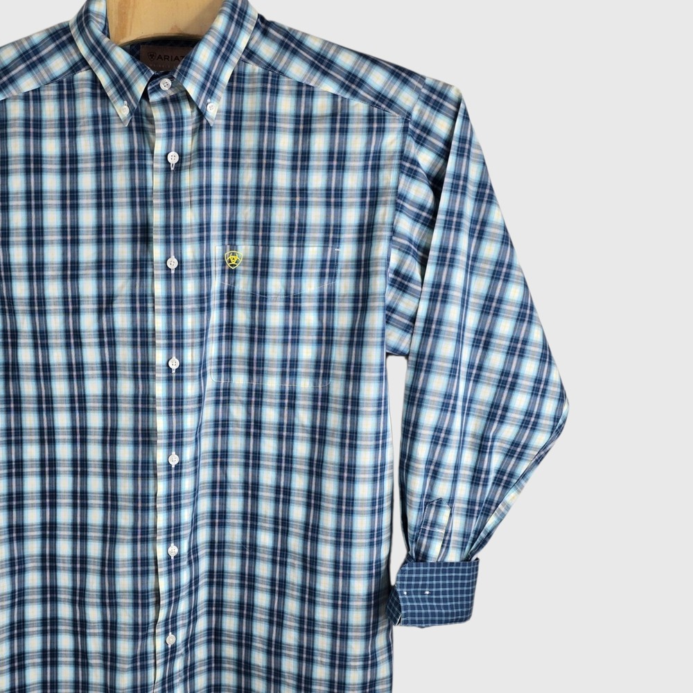 Ariat Mens Blue White Plaid Wrinkle Free Cotton Button Down Shirt Large Western